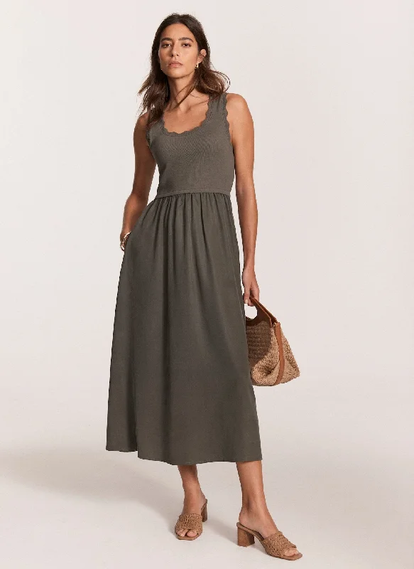 Mini dresses with one - shoulder designs Khaki Scallop Trim Midi Dress