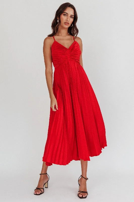 Midi dresses with cold - shoulder cutouts for a trendy style Spoken For Accordion Pleat Midi Dress Red Midi dresses with cold - shoulder cutouts for a trendy style Spoken For Accordion Pleat Midi Dress Red