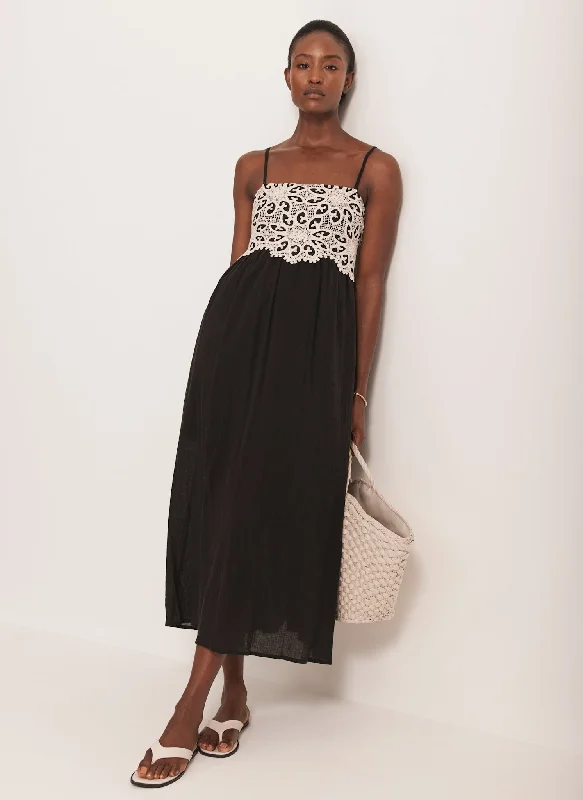 Denim mini dresses with distressed details Black Crochet Trim Maxi Dress