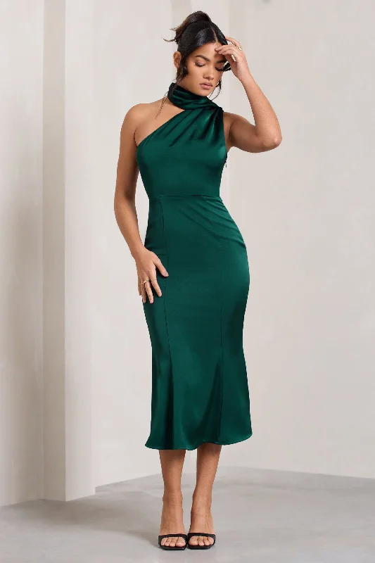 Midi dresses with V - necklines for a flattering and elongating effect Golden Girl | Bottle Green Satin One Shoulder High-Neck Flared Midi Dress Midi dresses with V - necklines for a flattering and elongating effect Golden Girl | Bottle Green Satin One Shoulder High-Neck Flared Midi Dress
