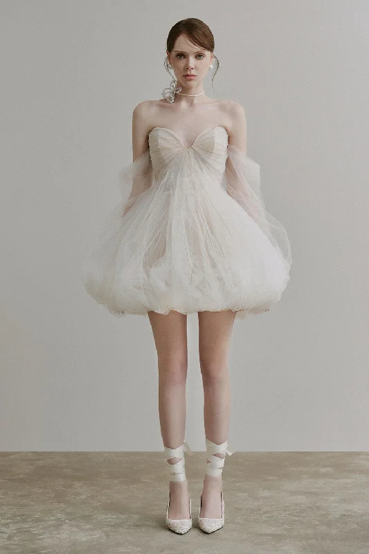 Strapless mini dresses for a beach vacation Fidelia Puffy Gathered Tulle Mini Dress