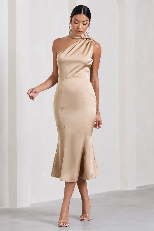 Midi dresses with halter necks for a stylish and comfortable option Golden Girl | Champagne Satin One Shoulder High-Neck Flared Midi Dress Midi dresses with halter necks for a stylish and comfortable option Golden Girl | Champagne Satin One Shoulder High-Neck Flared Midi Dress