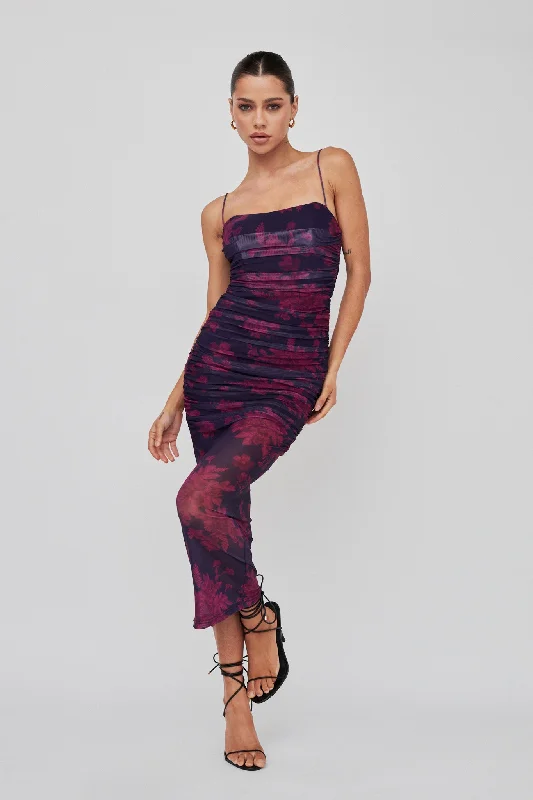 Midi dresses with ruffled bodices for a more pronounced feminine look Logan Cami Strap Midi Dress Flower Grape Midi dresses with ruffled bodices for a more pronounced feminine look Logan Cami Strap Midi Dress Flower Grape