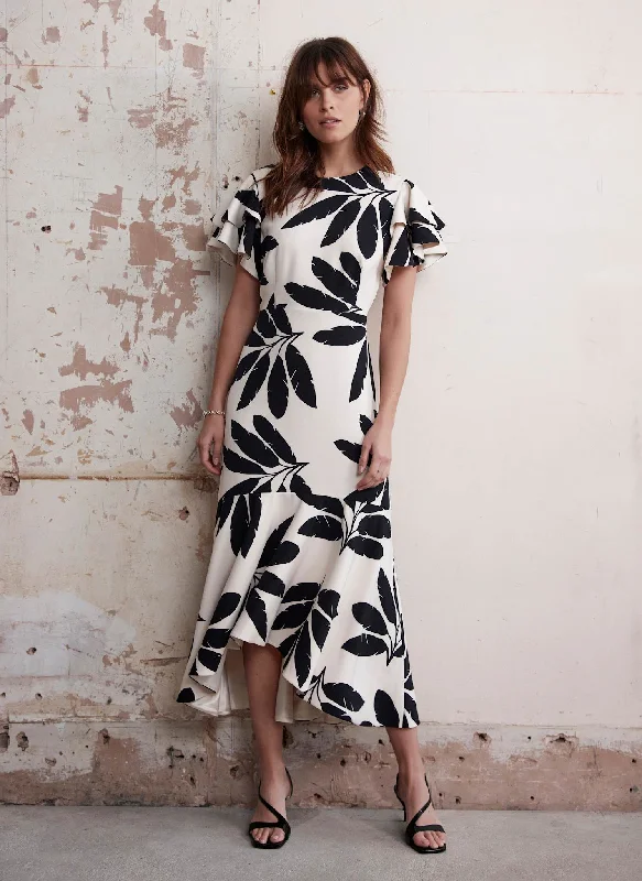 Mini dresses with asymmetric hems for a fashion - forward look Neutral Palm Print Midi Dress