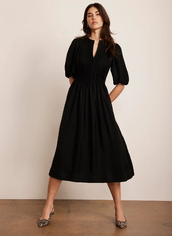 Polyester mini dresses for easy care Black Puff Sleeve Midi Dress