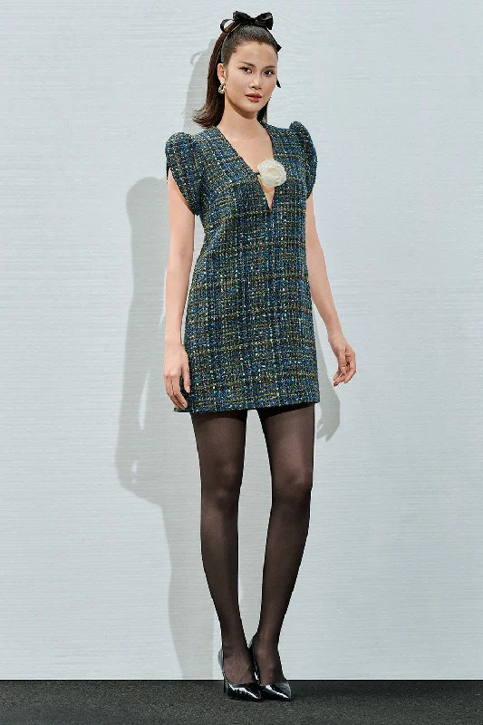 Mini dresses with pleated skirts for a classic look Paris Straight Puffy Sleeved Tweed Mini Dress