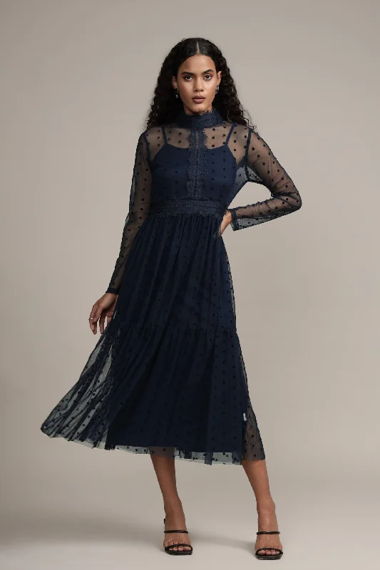 Midi dresses with asymmetric hems for a fashion - forward and dynamic appearance Roman Lola Polka Dot Midi Dress in Navy Blue Midi dresses with asymmetric hems for a fashion - forward and dynamic appearance Roman Lola Polka Dot Midi Dress in Navy Blue
