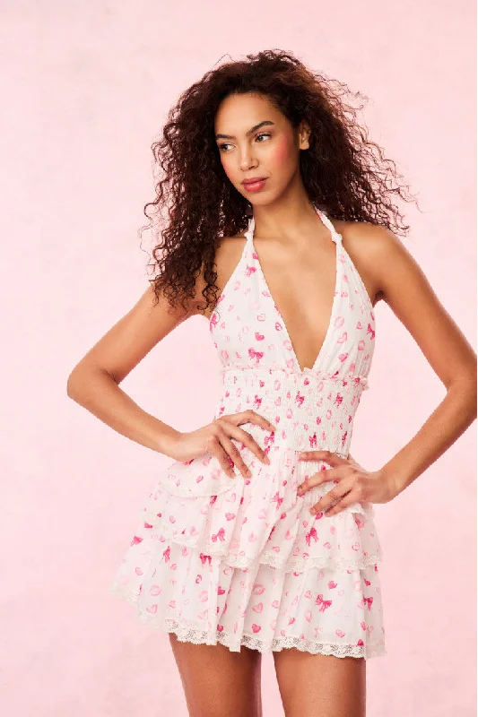 Mini dresses with button - down fronts Deanna Bow & Kiss Print Halter Dress