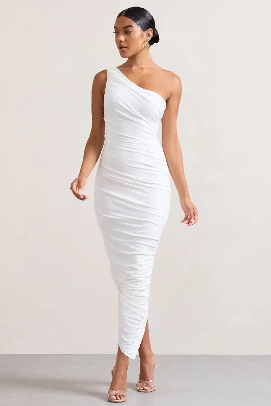 Midi dresses with sheer panels for a touch of allure Dorit | White One Shoulder Asymmetric Ruched Midi Dress Midi dresses with sheer panels for a touch of allure Dorit | White One Shoulder Asymmetric Ruched Midi Dress