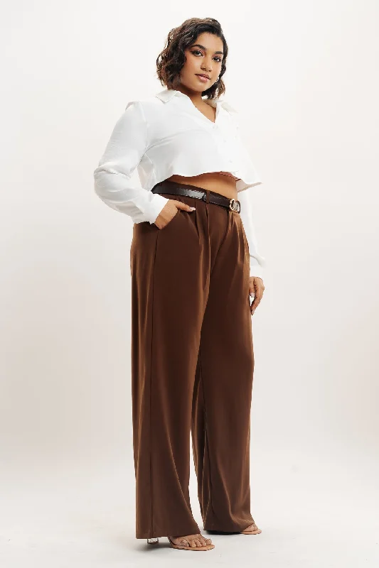 Wide - Leg Women's Chiffon Palazzo Pants for a Flowy AppealBrown Pleated Straight Fit Curve Korean Pants