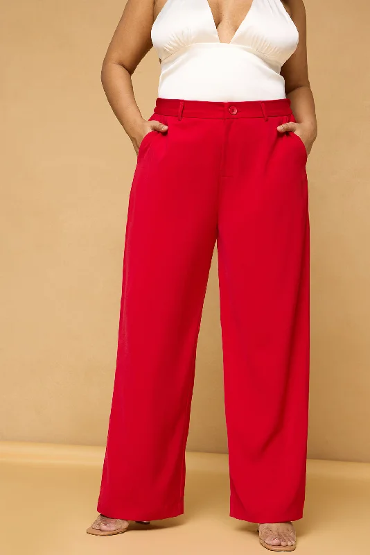 Plus Size Women's Pleated Front Dress Pants for Office WearCurve Bright Red Classic Korean Pants Plus Size Women's Pleated Front Dress Pants for Office WearCurve Bright Red Classic Korean Pants
