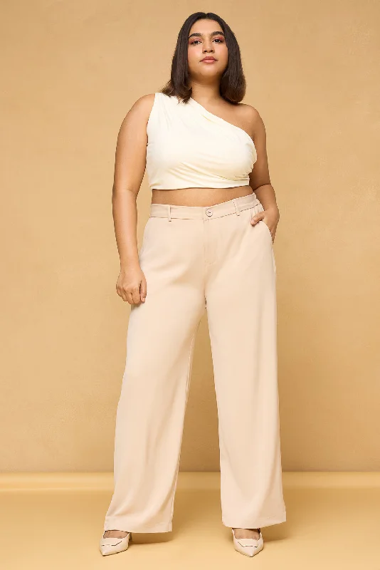 Plus Size Women's Patchwork - Design Jeans for a Unique AppearanceCurve Sand Beige Sleek Korean Pants Plus Size Women's Patchwork - Design Jeans for a Unique AppearanceCurve Sand Beige Sleek Korean Pants