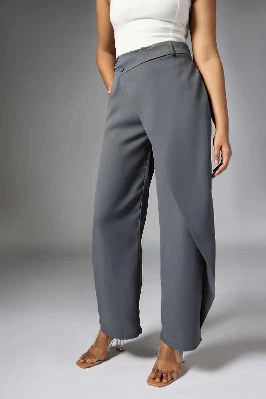 Flare Leg Women's Satin Trousers for a Glamorous Night OutFrost Grey Wrap Front Korean Pants Flare Leg Women's Satin Trousers for a Glamorous Night OutFrost Grey Wrap Front Korean Pants