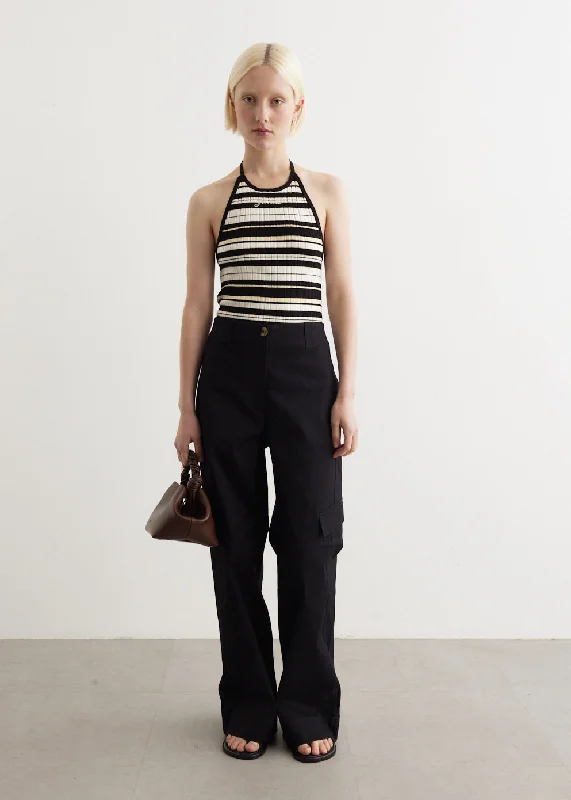 Bell - Bottom Style Women's Denim Pants with Embroidered DetailsHerringbone Canvas Mid Waist Pants