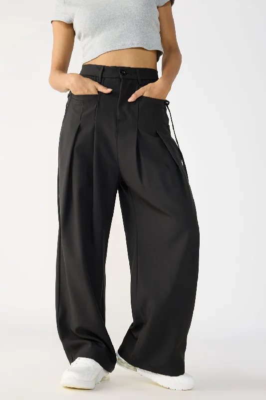 Plus Size Women's Drawstring - Waist Loungewear Pants in Soft FabricsBlack Wide Flat Pocket Korean Pants Plus Size Women's Drawstring - Waist Loungewear Pants in Soft FabricsBlack Wide Flat Pocket Korean Pants