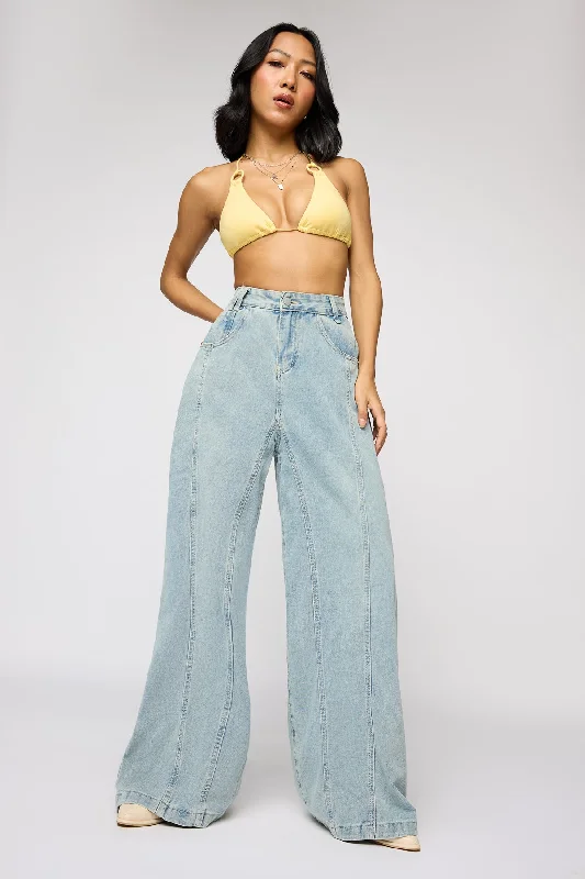Plus Size Women's Metallic - Finish Joggers for a Stylish LoungeDew Blue Denim Flared Korean Pants Plus Size Women's Metallic - Finish Joggers for a Stylish LoungeDew Blue Denim Flared Korean Pants