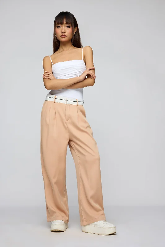 Straight - Leg Women's Vegan Leather Pants for a Chic LookMuted Peach Contrast Waist Korean Pants