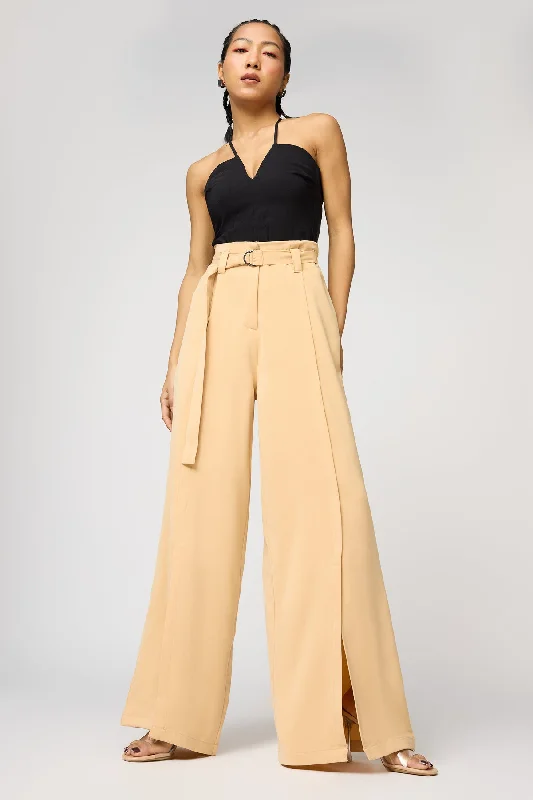 Plus Size Women's Patchwork - Design Jeans for a Unique AppearanceSoft Sand Belted Flared Korean Pants Plus Size Women's Patchwork - Design Jeans for a Unique AppearanceSoft Sand Belted Flared Korean Pants
