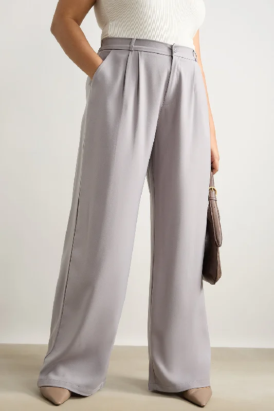 Straight - Leg Women's Vegan Leather Pants for a Chic LookLight Grey Pleated Straight Fit Curve Korean Pant