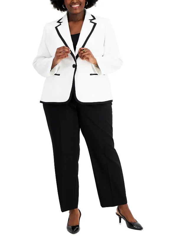 Plus Womens Contrast Trim Crepe One-Button Blazer