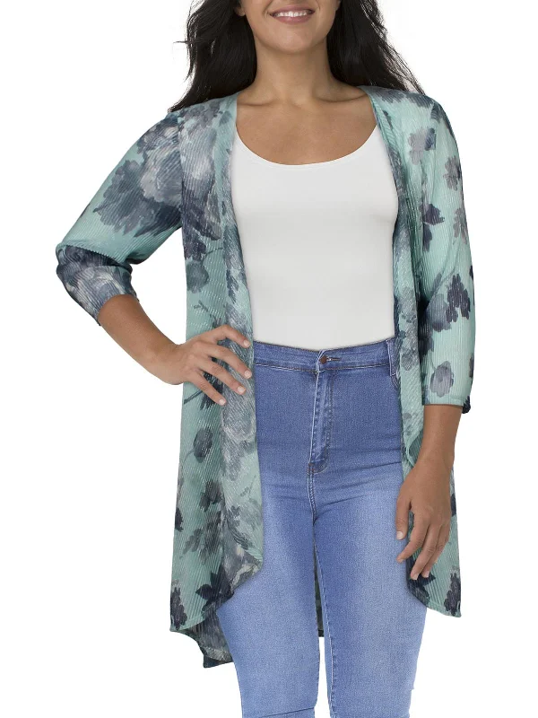 Plus Womens Crinkled Floral Duster Blazer