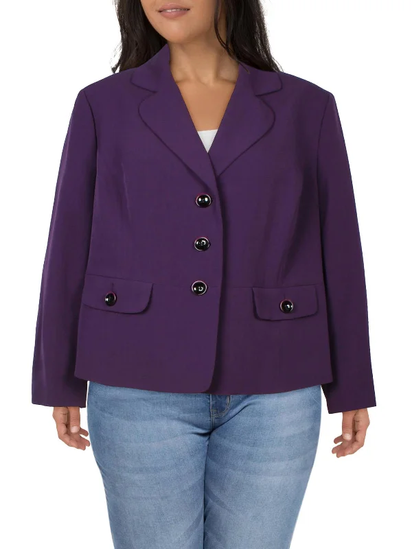 Plus Womens Solid Polyester Double-Breasted Blazer