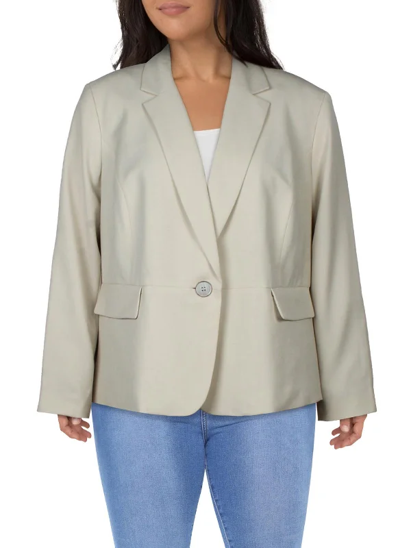 Plus Womens Solid Polyester One-Button Blazer