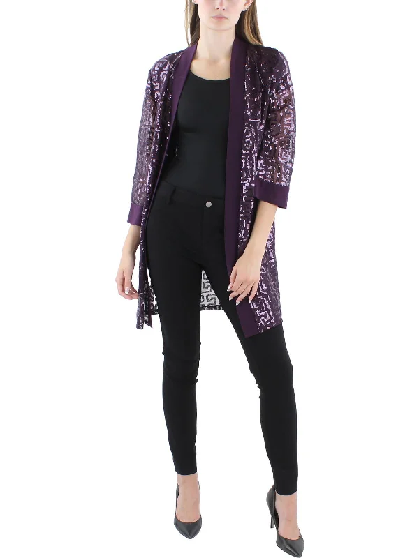 Womens Sequined Collareless Open-Front Blazer