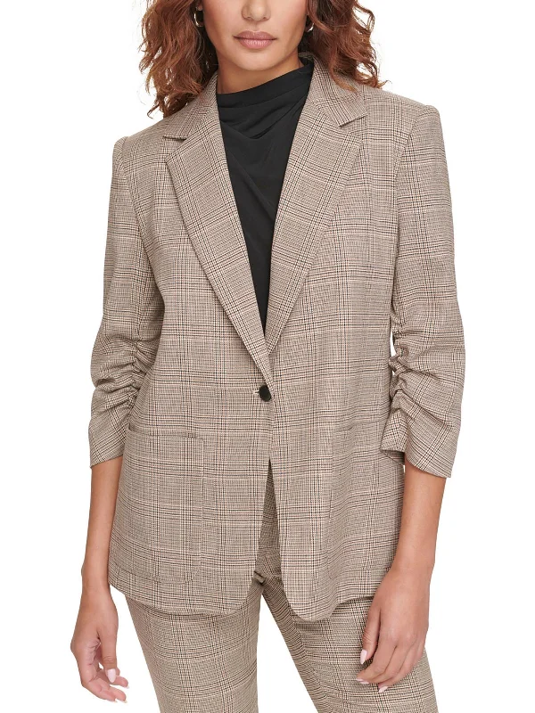 Womens Window Pane Houndstooth One-Button Blazer