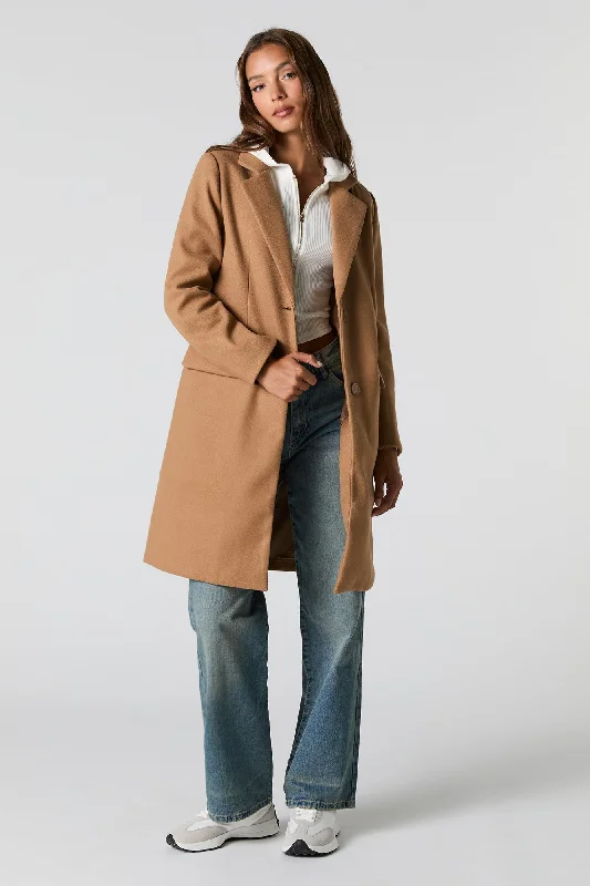 Mid - length women's down coats in a slim fit for a modern and sleek appearanceCollared Double Button Coat