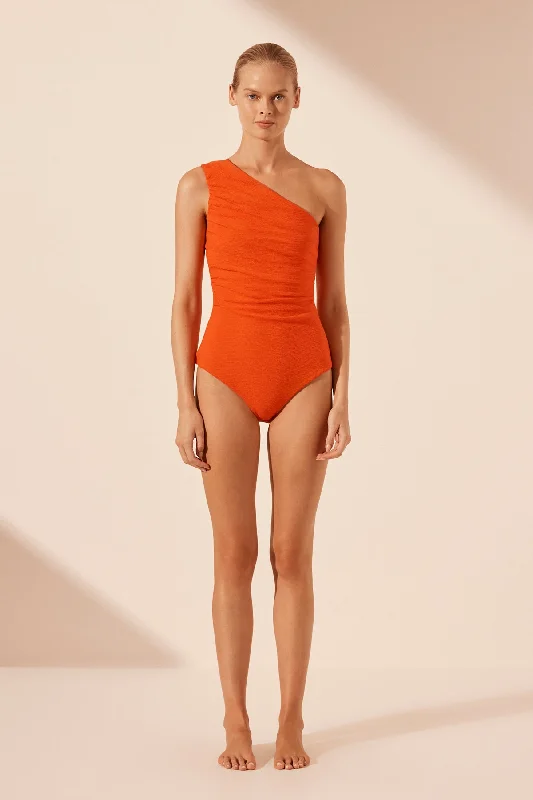 Ruffled Bodysuits with a Playful and Feminine TouchBEAU ONE SHOULDER BODYSUIT - HIBISCUS