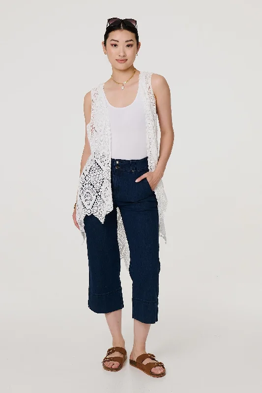long length women cardigan with side slitsLace Open Front High Low Cardigan