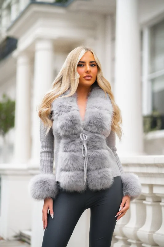 v neck women cardigan to elongate the necklineGrey Premium Faux Fur Trimmed Cardigan