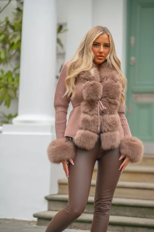 sequin embellished women cardigan for special occasionsTaupe Premium Faux Fur Trimmed Cardigan sequin embellished women cardigan for special occasionsTaupe Premium Faux Fur Trimmed Cardigan