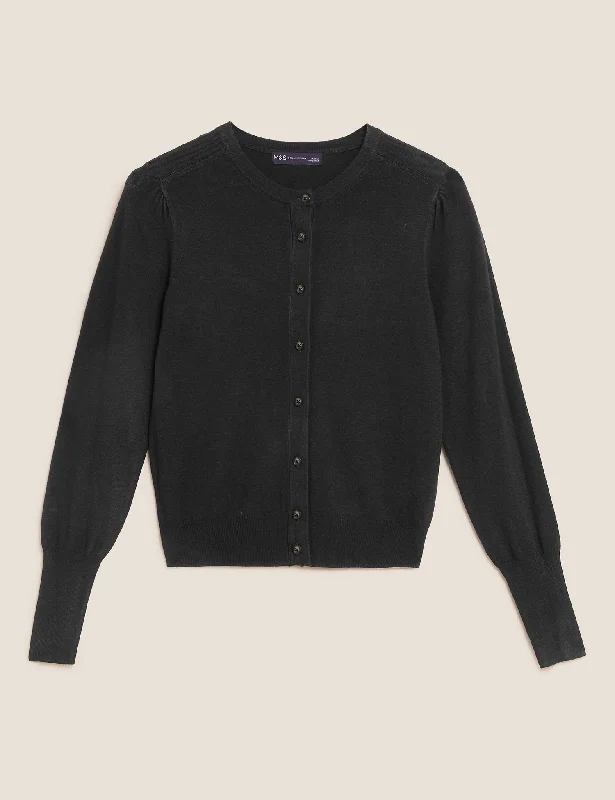 cable knit women cardigan with intricate patternsCrew Neck Button Front Cardigan