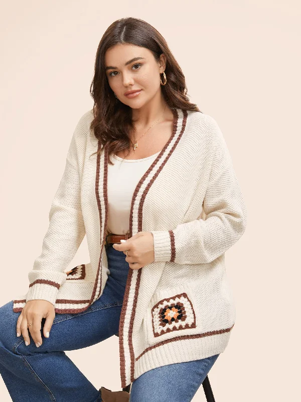 hooded women cardigan for added warmth and styleCrochet Floral Patch Pocket Drop Shoulder Cardigan
