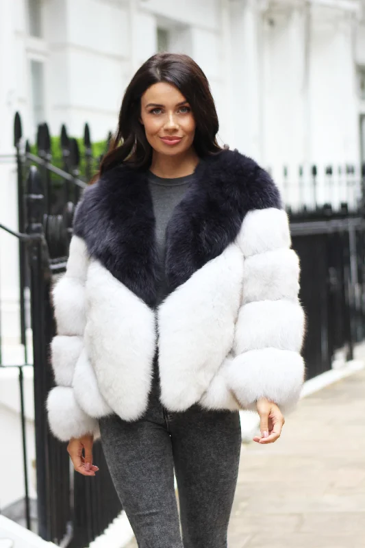 Dark Grey and Winter White Panelled Fox Coat