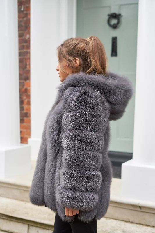 Dark Grey Hooded Long Fox Coat