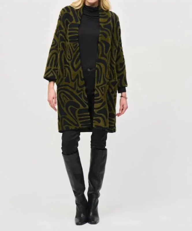 Embossed Jacquard Knit Coat In Black Iguana