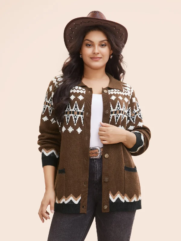 long length women cardigan with side slitsFair Isle Collared Button Down Cardigan
