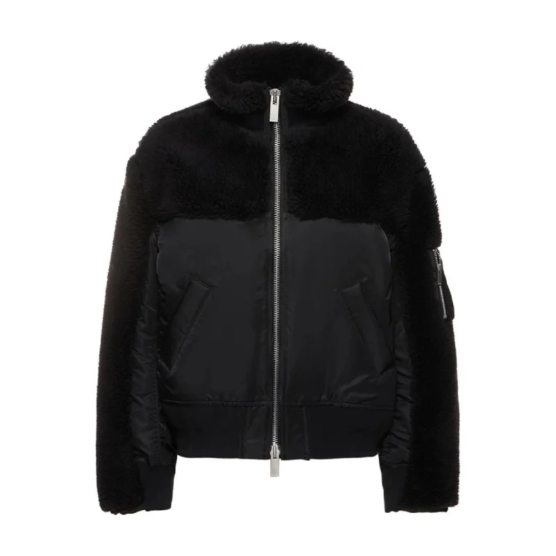 Women's long - sleeve wool coats in a houndstooth pattern for a classic charmFaux Shearling x Nylon Mix Blouson Women's long - sleeve wool coats in a houndstooth pattern for a classic charmFaux Shearling x Nylon Mix Blouson