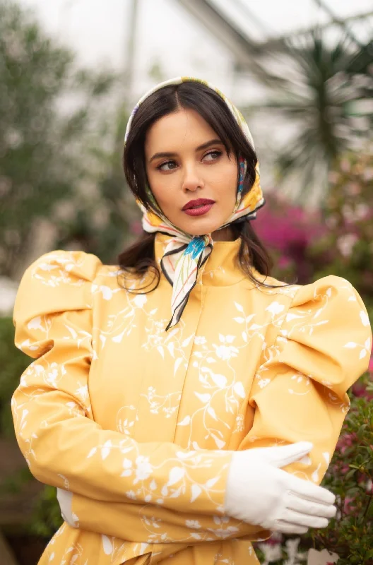 Fitted and Flared Coat with Balloon-Styled Sleeves in Yellow with White Floral Print | 'Majestic Yellow'