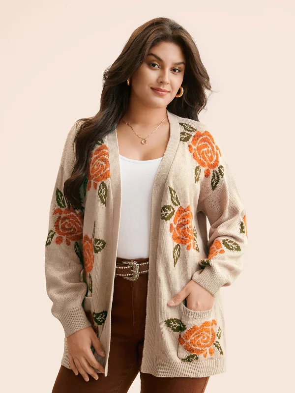 Floral Texture Patch Pocket Cardigan