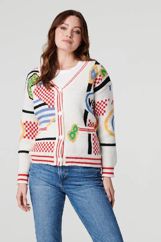 color block women cardigan with bold huesPrinted Long Sleeve Knit Cardigan