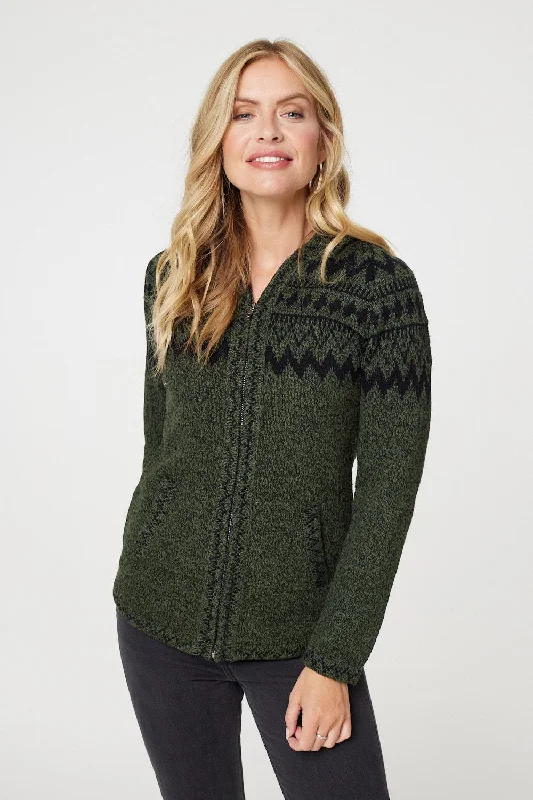 cashmere blend women cardigan for a luxurious feelNordic Print Zip Front Hooded Cardigan