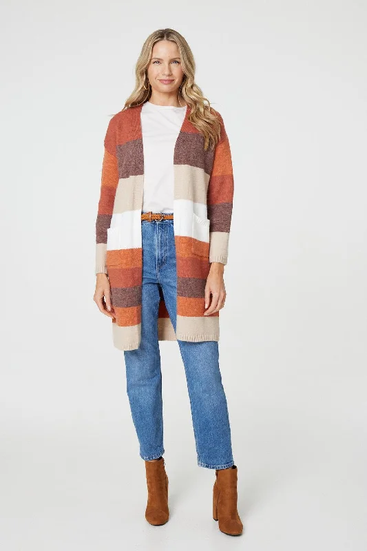 cashmere blend women cardigan for a luxurious feelStriped Longline Pocket Front Cardigan cashmere blend women cardigan for a luxurious feelStriped Longline Pocket Front Cardigan