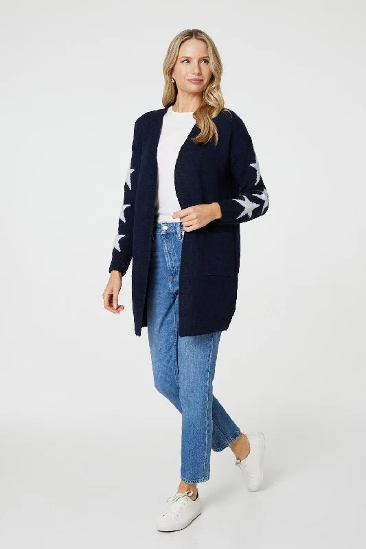 v neck women cardigan to elongate the necklineStar Print Longline Knit Open Cardigan v neck women cardigan to elongate the necklineStar Print Longline Knit Open Cardigan