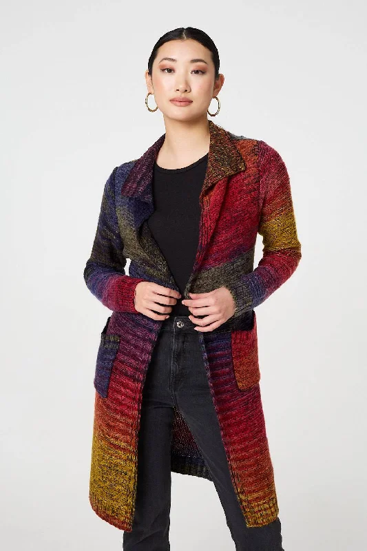 v neck women cardigan to elongate the necklineRainbow Print Longline Knit Cardigan