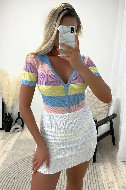 Compression Bodysuits for Post - Workout RecoveryKoko Multi Pastel Stripe Plunge Short Sleeve Knitted Bodysuit