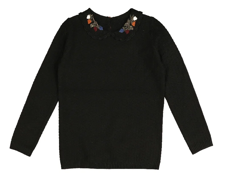 hand knitted women cardigan with artisanal charmNoma Black Floral Embroided Peter Pan Knit (NKN758) hand knitted women cardigan with artisanal charmNoma Black Floral Embroided Peter Pan Knit (NKN758)